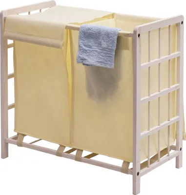 Produktbild von Wäschesammler HWC-B60, Laundry Wäschebox Wäschekorb, Massiv-Holz 2 Fächer 60x60x33cm 68l shabby weiß, Bezug creme