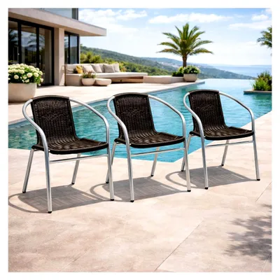 Produktbild von 3 Stück Aluminium/Polyrattan Bistrostuhl stapelbar für Garten, Terrasse und Balkon in Silber/Schwarz