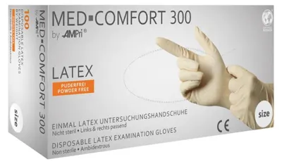 Produktbild von MED-COMFORT 300, Latex-Untersuchungshandschuh, puderfrei, weiß, Gr. L | Box (100 Stück)