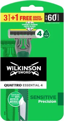 Zdjęcie produktu dla Wilkinson - Jednorazowa maszynka do golenia - Quattro Essential 4 - Dokładne golenie - 4 ostrza - 1 szt