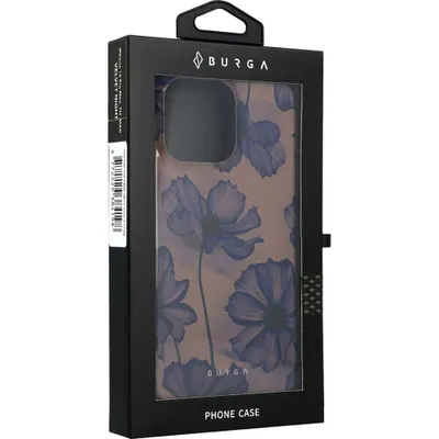 A phone case in its packaging, with a floral design visible through a window.