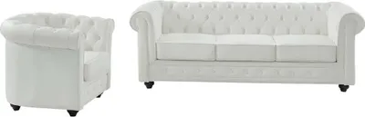 Produktbild von Ledersofa 3-Sitzer + Ledersessel - Büffelleder - Weiß - CHESTERFIELD