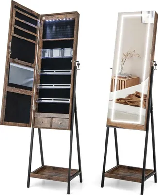 Produktbild von Schmuckschrank mit Ablage & Ganzkörperspiegel & 3 Farbigen LED-Lechten & 2 Schubladen Braun