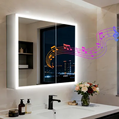 Produktbild von WISFOR Spiegelschrank Bad mit Beleuchtung Bluetooth 80x70 cm Wandspiegelschrank mit Bluetooth Beschlagfrei 2 Tür Badschrank