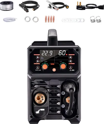 Zdjęcie produktu dla Spawarka SucceBuy Pro MIG, 250-amperowa spawarka impulsowa MIG. synergiczna spawarka 5 w 1 z technologią inwertorową IGBT i ekranem LCD. Spawanie impulsowe MIG/spawanie gazowe MIG/spawanie rdzeniowe MIG/spawanie elektrodą otuloną