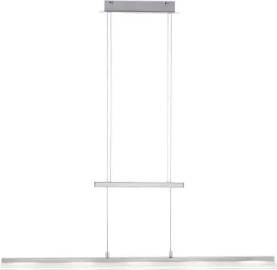 A modern, linear LED pendant light fixture suspended by thin wires against a white background.