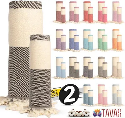 Produktbild von Unyqoos® Hamamtuch-Set 2-teilig: Hamamtuch 100×180 cm + Handtuch 50×90 cm, 100% Baumwolle, Schwarz, Diamantmuster, schnelltrocknend, mit Geschenkbeutel