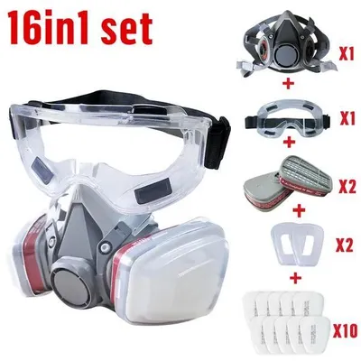 Produktbild von Halbmaske Atemschutz 16in1 Set mit Schutzbrille, 6001 Filterkartuschen, wiederverwendbar für Lackieren, Schleifen, Industrie, Chemie Schutz Schutz