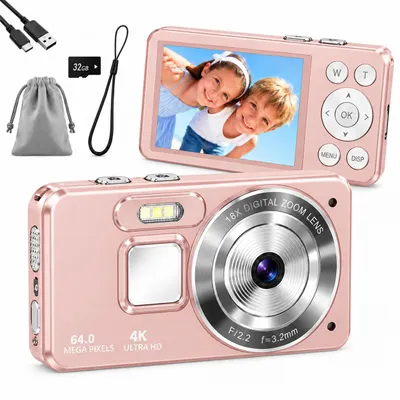 Produktbild von Digitale Kamera 4K 64MP – Kinderkamera– 2,8 Zoll LCD 18X Zoom – 32GB SD – Rosa