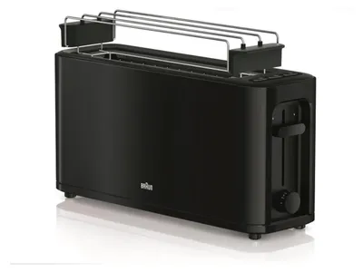 A black BRAUN long slot toaster is shown against a white background.