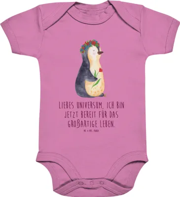 Produktbild von Mr. & Mrs. Panda Strampler Pinguin Blumen 6. - 12. Monat - Bubble Gum Pink - Geschenk, Lebenslust, babykleidung body, overall baby, Positiv, Babybody, strampelanzug