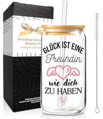 Produktbild von Glas Trinkbecher 500ml mit Deckel und Strohhalm, Borosilikatglas, wiederverwendbar, Geschenk für Frauen