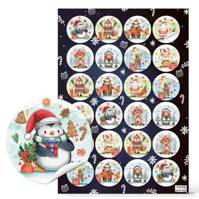 Produktbild von Weihnachtsaufkleber für Kinder Tiere bunt Sticker verzieren Ø 4 cm (VE= 24 Aufkleber / 1 Bogen)