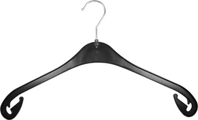 A black plastic hanger with a metal hook against a white background.