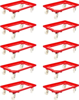 Produktbild von SparSet 10x Transportroller für Euroboxen 60x40cm mit Kunststoffräder rot | Offenes Deck | 2 Lenkrollen & 2 Bockrollen | Traglast 300kg | Kistenroller Logistikroller Rollwagen Profi-Fahrgestell