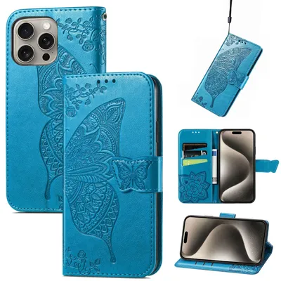 Immagine prodotto di Per Apple iPhone 16 Pro Portafoglio in  Custodia per cellulare con design a farfalla Blu