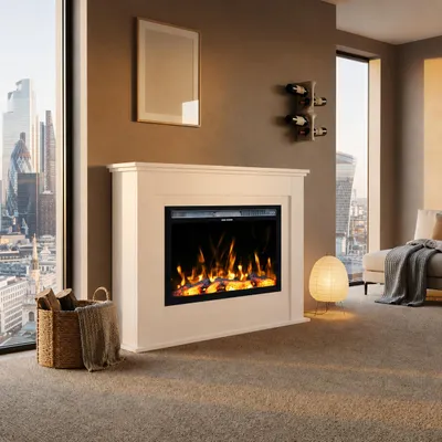 Produktbild von Garlivo Elektrokamin 'VENEZIA Weiss/ Eiche ' | LED Standkamin in weiss mit Heizung (1500 W) | HxBxT: 92x110x28cm, KI-generiertes Bild