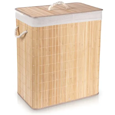 A laundry basket made of bamboo.