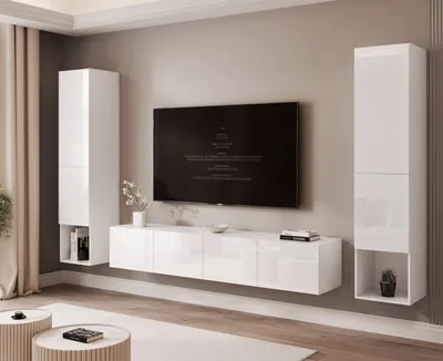 Produktbild von Hängende Wohnwand ANGEL LINE II mit LED-Beleuchtung, TV-Wand, Wohnzimmermöbel – Weiß Hochglanz