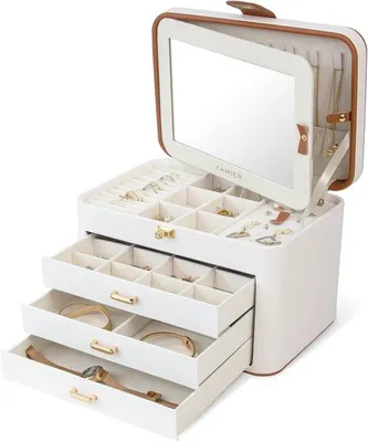 Produktbild von Schmuckkästchen für Damen, Schmuckorganizer mit Spiegel, 4 Fächer und 3 Schubladen, weiß, für Ohrringe, Halsketten, Armbänder und Ringe
