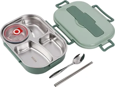 Produktbild von Bento-Lunchbox 4-Fächer Edelstahl Isoliert, 1500 ml, Auslaufsicher Mit Suppenschüssel, Für Schule Büro Picknick