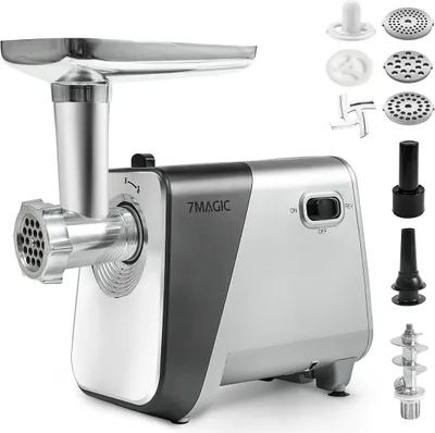 Produktbild von 7MAGIC Fleischwolf, elektrisch, Wurstaufsatz, 3 Edelstahl Loch-Scheiben (3, 5 +7mm), Stopfer, Kebbe-Aufsatz, Durchlaufschnitzler, 600-3000 W, Silber