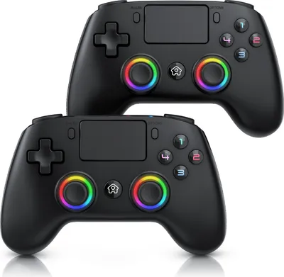 Two black game controllers are shown stacked on a white background.