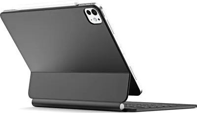 A black tablet case with a keyboard attached, shown from a side angle.