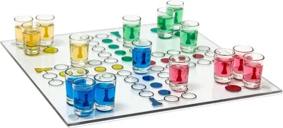 Produktbild von Relaxdays Drinking Ludo Spiel, Partyspiel für Erwachsene, Brett, 2 Würfel & 16 Shotgläser, lustiges Trinkspiel, bunt, Grau / Silber / Metallic
