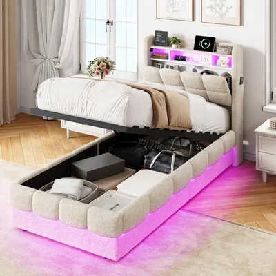 Produktbild von INONEFT Boxspringbett 90 x 200 cm, Hydraulisches Stauraumbett mit Stauraum, Polsterbett Einzelbett mit USB und LED, Jugendbett, Teddy Fleece, Beige