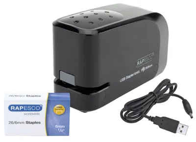 A black electric stapler with a USB cable and a box of staples are displayed on a white background.