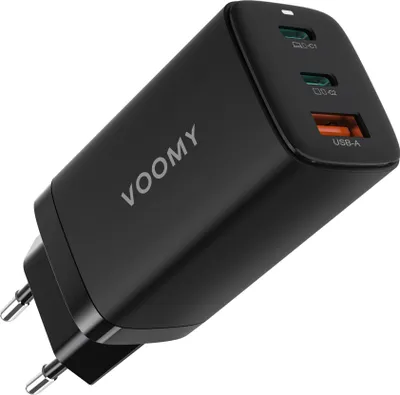 Produktbild von VOOMY 65W USB Ladegerät – 3-in-1 GaN Schnellladegerät – USB-C & USB-A – Für MacBook, iPhone, iPad, Samsung – Schwarz