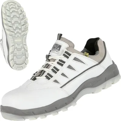 A white safety shoe with gray accents is shown from the side, with a separate image of its sole.