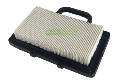 A new air filter with a black frame and a white pleated filter element, shown on a white background.