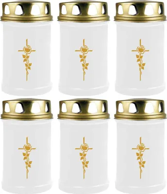 Produktbild von Grabkerze Weiß 6er Pack ( Druck Gold ), 48 Stunden/Kerze, Motiv: Rose Kreuz