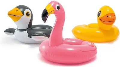 Three inflatable animal-shaped swimming rings are shown against a white background.
