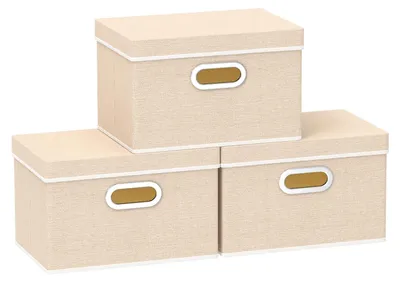 Image de Boîtes de rangement pliables avec couvercle, couleur beige, lot de 3, dimensions : 32 x 23 x 20 cm
