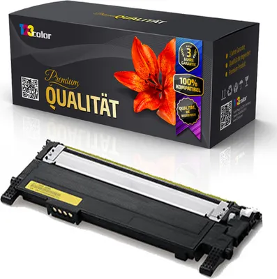 A product shot of a toner cartridge and its packaging, presented on a reflective surface with a light gray background.