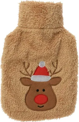 Produktbild von Unyqoos® Wärmflasche mit Plüschbezug – Rentier-Design, 0,85 l, 28 x 18 cm, weicher 100% Polyester-Bezug, abnehmbar