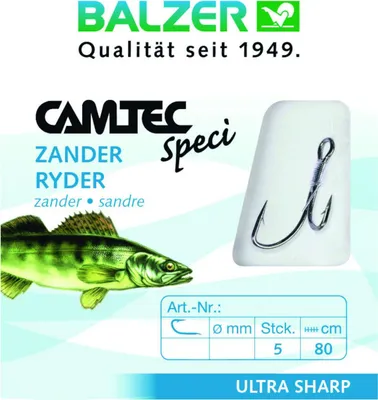 Produktbild von Balzer Camtec Zander Ryderhaken brüniert 80cm - 5 gebundene Angelhaken, Hakengröße/Schnurdurchmesser:Gr. 1 / 0.28mm