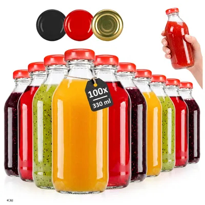 Zdjęcie produktu dla SuperButelki - 100x Butelki szklane KUBUŚ 330ml, butelka 0,33l sok soki soczki kompot + zakrętki + E-BOOK z przepisami, zestaw butelek, 0,33 l komplet