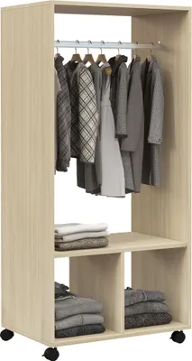 Produktbild von Mobile Garderobe - Kleiderständer - Mit Rollen - Kleiderstange & offene Regale - 60x40x128 cm - Natur