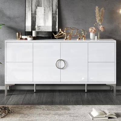 Zdjęcie produktu dla Biała komoda z 4 szufladami, komoda z 2 drzwiczkami, wysoki połysk, wymiary: 150x38x59,5 cm, wykonana z MDF, idealna do salonu i jadalni