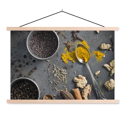 Produktbild von MuchoWow® Textilposter Kräuter auf grauem Hintergrund 150x100 cm mit holzfarbenen Rahmen - Posters