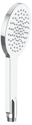 A product shot of a chrome and white hand shower head.