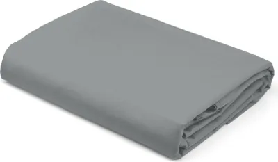 A folded gray satin fitted sheet is shown on a white background.