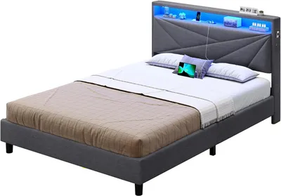 Image de Lit KIMENICH 140 x 190 cm avec éclairage LED et prises électriques, tête de lit avec rangement, gris