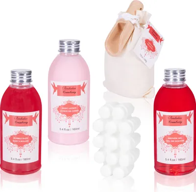 Produktbild von BRUBAKER Cosmetics Wellness Badeset - Cranberry - 9-teiliges Geschenkset mit Pflege- und Massage Accessoires im dekorativen Badefass