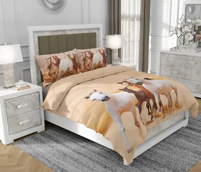 Produktbild von Bettwäsche 140x200 cm + 2x70x80 cm, 3-teilig, 100% Baumwolle, Satin, Reißverschluss, Pferde, Weiß - SOVIO | So.0013