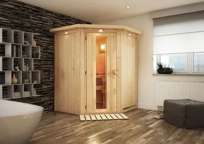 Produktbild von Karibu Sauna Innensauna Nanja Eckeinstieg Ofen 3,6 kW intgr. Strg 165x165x202 cm mit Dachkranz  mit Energiespartür